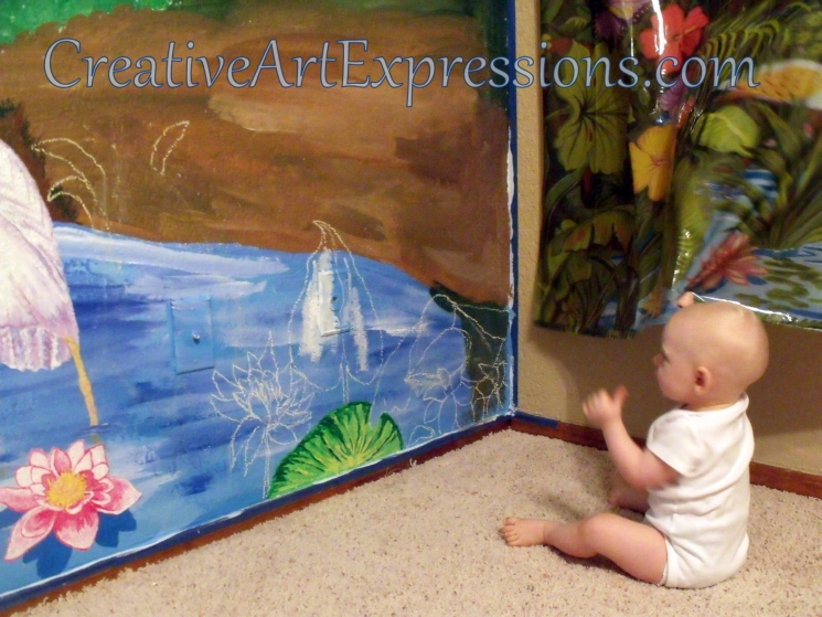 Creative Art Expressions Chalk Drawings Of Water Lily & Plant Clusters On Rainforest Mural. 