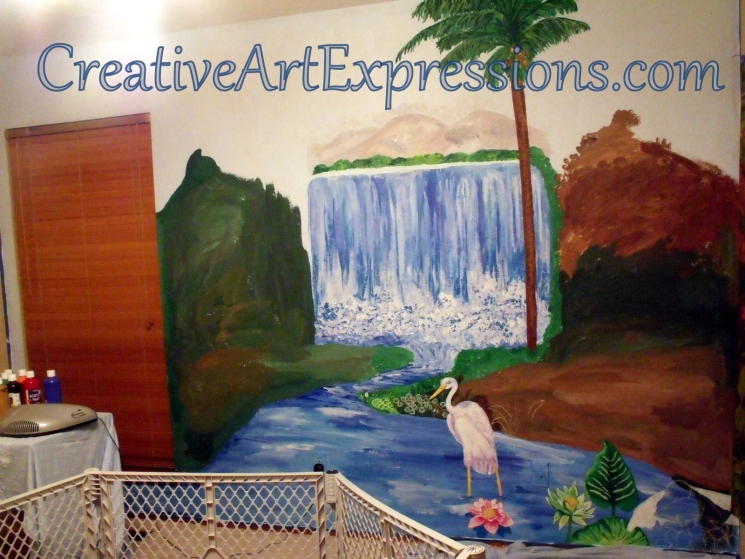 Creative Art Expressions Hand Painted On Rainforest Mural In Progress. 8-23-2011