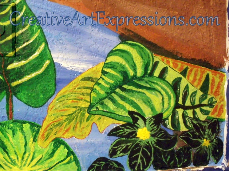 Creative Art Expressions Hand Painted Dark Green Flower Cluster & Green Leaf On Rainforest Mural. 9-10-2011