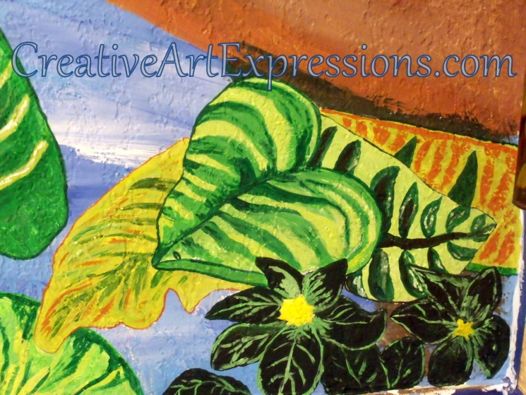 Creative Art Expressions Hand Painted Dark Green Flower Cluster & Green Leaf On Rainforest Mural. 9-10-2011 Creative Art Expressions Hand Painted Dark Green Flower Cluster & Green Leaf On Rainforest Mural. 9-10-2011