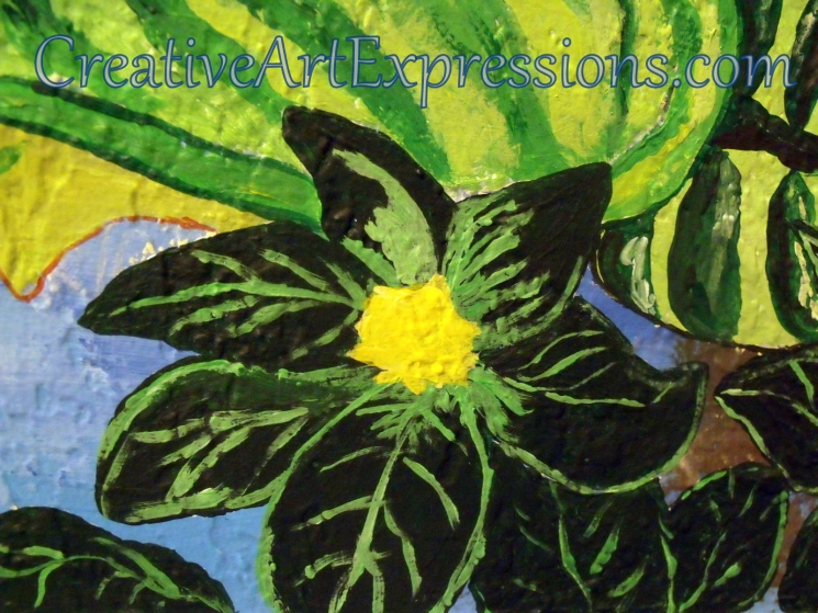 Creative Art Expressions Hand Painted Dark Green Flower Cluster & Green Leaf On Rainforest Mural. 9-10-2011