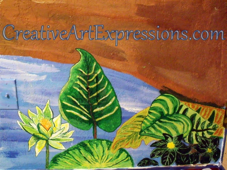 Creative Art Expressions Hand Painted Dark Green Flower Cluster & Green Leaf On Rainforest Mural. 9-10-2011