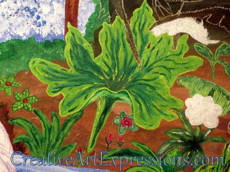 Creative Art Expressions Hand Painted Large Plant On Rainforest Mural in Progress 1-22-12