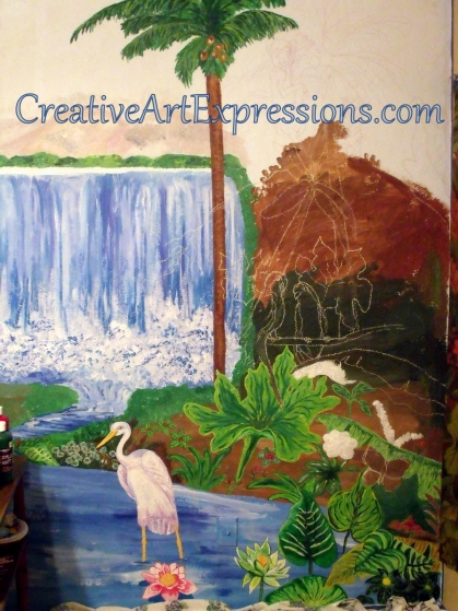 Creative Art Expressions Hand Painted Rainforest Mural in Progress 1-22-12