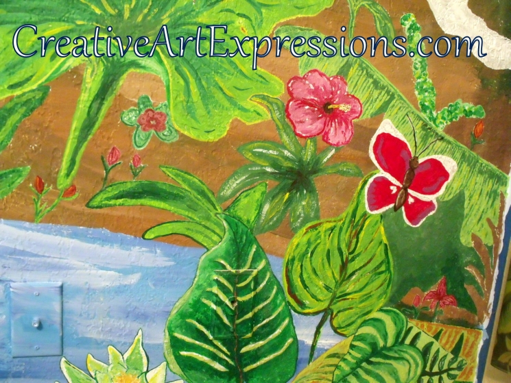 Creative Art Expressions Hand Painted Hibiscus Flower & Butterfly On Rainforest Mural in Progress 6-7-2012