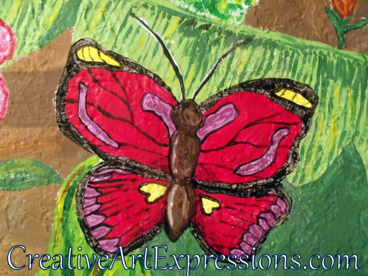 Creative Art Expressions Hand Painted Butterfly On Rainforest Mural in Progress 6-7-2012