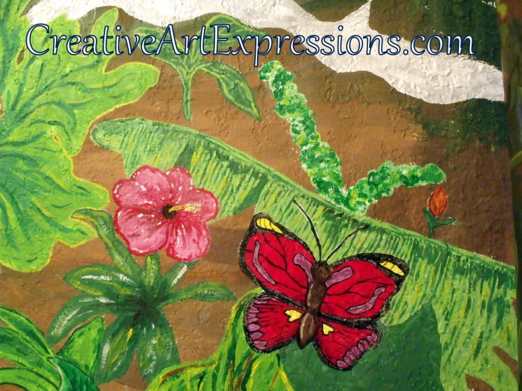 Creative Art Expressions Hand Painted Butterfly & Hibiscus Flower On Rainforest Mural in Progress 6-7-2012
