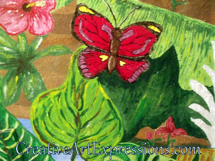 Creative Art Expressions Hand Painted Butterfly & Hibiscus Flower On Rainforest Mural in Progress 6-7-2012