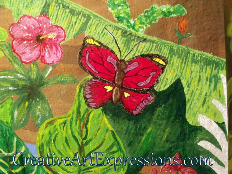Creative Art Expressions Hand Painted Butterfly & Hibiscus Flower On Rainforest Mural in Progress