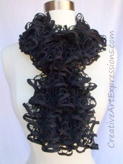 Black Onyx Glam Ruffle Scarf Knitted