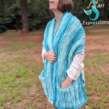 Crocheted Sea Breeze Pocket Shawl Long in Aqua Seas, Women Shawl, Sea Breeze Collection, Mermaid Fashion, Unique Gifts, Handmade Cozies, Handmade Fashion, Mermaid at Heart, Ocean Crochet, Coastal Crochet, Splashing a Sea Breeze, Crochet with Meaning Crocheted Sea Breeze Pocket Shawl Long in Aqua Seas, Women Shawl, Sea Breeze Collection, Mermaid Fashion, Unique Gifts, Handmade Cozies, Handmade Fashion, Mermaid at Heart, Ocean Crochet, Coastal Crochet, Splashing a Sea Breeze, Crochet with Meaning