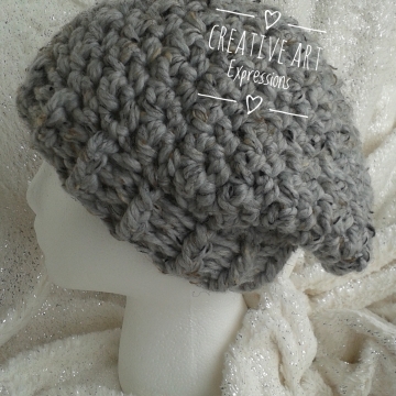 Chunky Slouchy Hat in Gray Marble Adult Teen