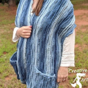 Crocheted Sea Breeze Pocket Shawl Long in Sapphire Seas, Women Shawl, Sea Breeze Collection, Mermaid Fashion, Unique Gifts, Handmade Cozies, Handmade Fashion, Mermaid at Heart, Ocean Crochet, Coastal Crochet, Splashing a Sea Breeze, Crochet with Meaning