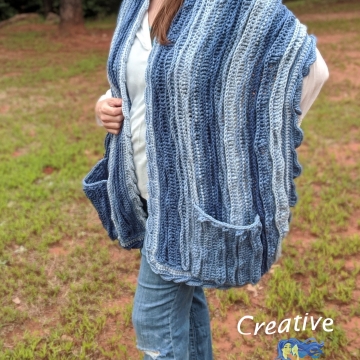 Crocheted Sea Breeze Pocket Shawl Long in Sapphire Seas, Women Shawl, Sea Breeze Collection, Mermaid Fashion, Unique Gifts, Handmade Cozies, Handmade Fashion, Mermaid at Heart, Ocean Crochet, Coastal Crochet, Splashing a Sea Breeze, Crochet with Meaning