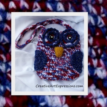 Owl Purse, Crocheted, Red, White, Blue, Child Owl Purse