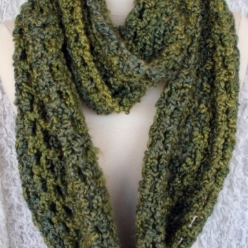Crocheted Pesto Green Bulky Infinity Scarf