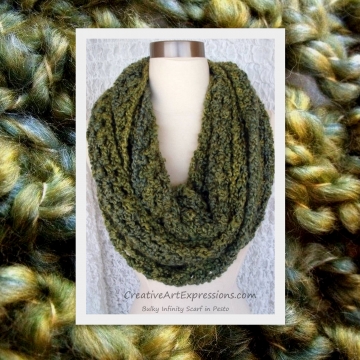 Crocheted Pesto Green Bulky Infinity Scarf Crocheted Pesto Green Bulky Infinity Scarf