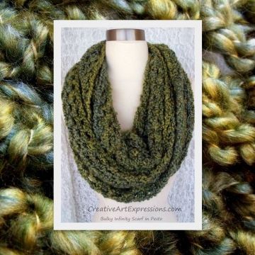 Crocheted Pesto Green Bulky Infinity Scarf