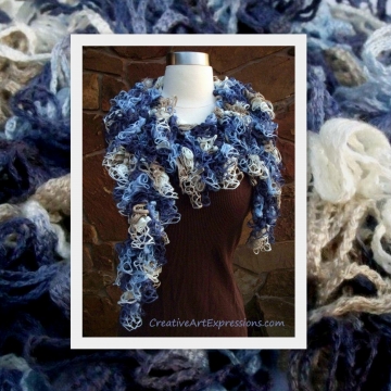 Creative Art Expressions Hand Crocheted Shades of Blue Grand Picots Scarf