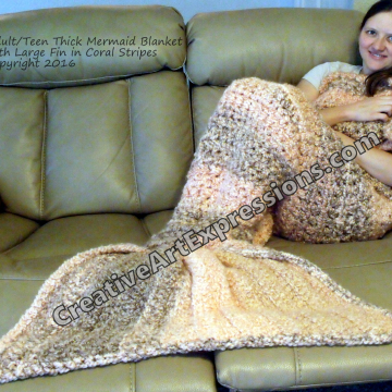 Thick Mermaid Blanket with Large Fin in Coral Stripes