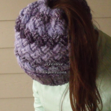 Messy Bun Hat, Ponytail Hat, Cowl, Combo Hat Cowl, Purple, Ready to ship, Women, Teen Girls