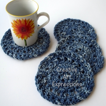 Crocheted Coasters, Round, Large, Ready to Ship, Blue Denim, Set of 4, Cotton Coasters, Home Decor, Kitchen Decor, 4 Coasters, Fine China Coasters, Fancy Coasters, Handmade