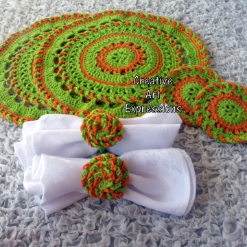 Bright Green & Orange Crocheted Coasters, Place Mats & Napkin Rings, Round, Large, Ready to ship, Set of 2 each, Cotton Coasters, Home Decor, Kitchen Decor, Fancy Coasters, Handmade