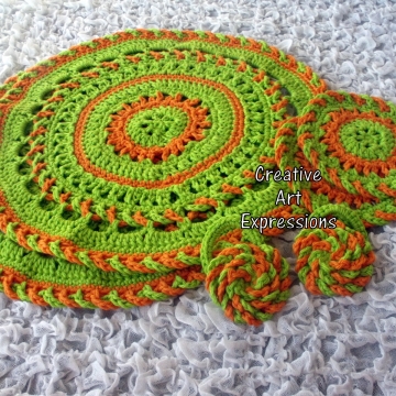 Bright Green & Orange Crocheted Coasters, Place Mats & Napkin Rings, Round, Large, Ready to ship, Set of 2 each, Cotton Coasters, Home Decor, Kitchen Decor, Fancy Coasters, Handmade