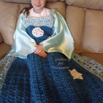 Ready to Ship, Ice, Snow, Princess Dress Blanket Thick & Soft, Crocheted, Opal Blue, White, Blue Child Large, Wearable Blanket, Girl Gifts, Unique Gifts