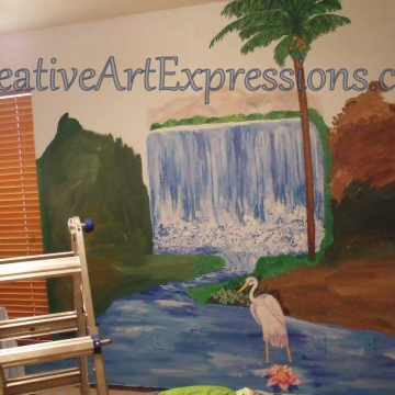 Creative Art Expressions Hand Painted Rainforest Mural In Progress 8-5-2011