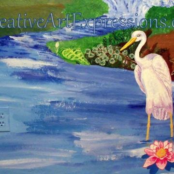 Creative Art Expressions Hand Painted Wooping Crane With Water Lily & Stream On Rainforest Mural. 8-17-2011