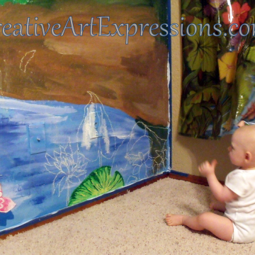 Creative Art Expressions Chalk Drawings Of Water Lily & Plant Clusters On Rainforest Mural. 