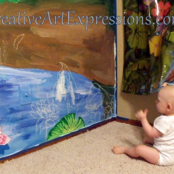 Creative Art Expressions Chalk Drawings Of Water Lily & Plant Clusters On Rainforest Mural. 