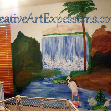 Creative Art Expressions Hand Painted Rainforest Mural In Progress. 8-22-2011