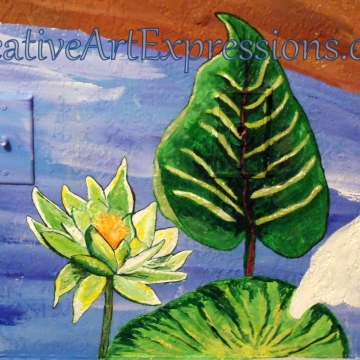 Creative Art Expressions Hand Painted Water Lily On Rainforest Mural In Progress. 8-23-2011