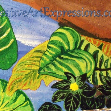 Creative Art Expressions Hand Painted Dark Green Flower Cluster & Green Leaf On Rainforest Mural. 9-10-2011 Creative Art Expressions Hand Painted Dark Green Flower Cluster & Green Leaf On Rainforest Mural. 9-10-2011