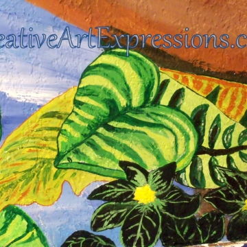 Creative Art Expressions Hand Painted Dark Green Flower Cluster & Green Leaf On Rainforest Mural. 9-10-2011