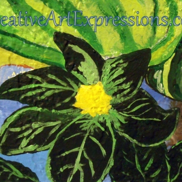 Creative Art Expressions Hand Painted Dark Green Flower Cluster & Green Leaf On Rainforest Mural. 9-10-2011