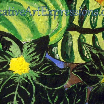 Creative Art Expressions Hand Painted Dark Green Flower Cluster & Green Leaf On Rainforest Mural. 9-10-2011 Creative Art Expressions Hand Painted Dark Green Flower Cluster & Green Leaf On Rainforest Mural. 9-10-2011