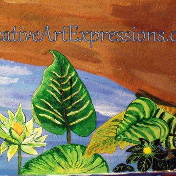 Creative Art Expressions Hand Painted Dark Green Flower Cluster & Green Leaf On Rainforest Mural. 9-10-2011