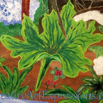 Creative Art Expressions Hand Painted Large Plant On Rainforest Mural in Progress 1-22-12