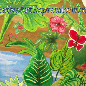 Creative Art Expressions Hand Painted Hibiscus Flower & Butterfly On Rainforest Mural in Progress 6-7-2012