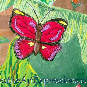 Creative Art Expressions Hand Painted Butterfly On Rainforest Mural in Progress 6-7-2012