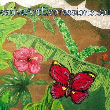 Creative Art Expressions Hand Painted Butterfly & Hibiscus Flower On Rainforest Mural in Progress 6-7-2012
