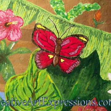 Creative Art Expressions Hand Painted Butterfly & Hibiscus Flower On Rainforest Mural in Progress