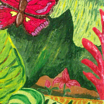 Creative Art Expressions Hand Painted Rainforest Mural. The red plant to the far right was added today. 8-18-12