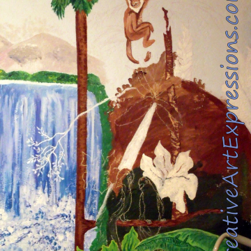 10-2-2012 Monkey added, tree stump that monkey is on added, and branch close to bottom of painting added. Big leaf prepared for painting by painting white. 