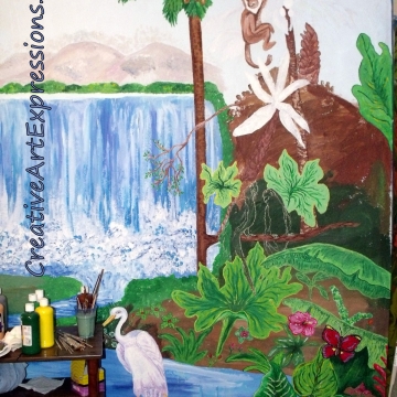 2 tree stumps added, 2 large leafs added, large leaf at far right top added, tree top prepared by painting white. 2 tree stumps added, 2 large leafs added, large leaf at far right top added, tree top prepared by painting white.