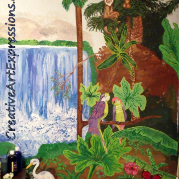 2 Tops of trees, coconuts, bird on right finished, bird on left started