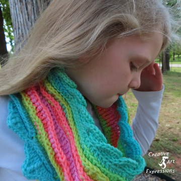 Crocheted Sea Breeze Youth 6-10 Infinity Scarf, Coral Reef, Aqua, Lime Green, Yellow, Peach, Pink Coral, Orange, Pastel Green, Sea Breeze Collection, scarf, Unique Gifts, Handmade scarf, Handmade Fashion, Mermaid at Heart, Ocean Crochet,